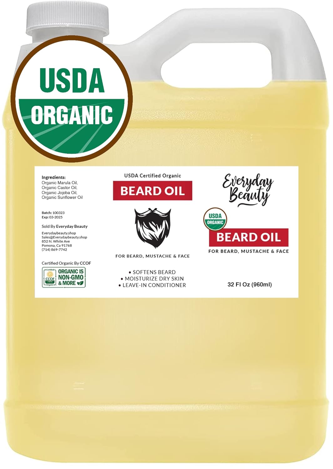Organic Beard & Mustache Oil – Unscented Certified Organic 100% All Natural Leave-In Beard Conditioner – Moisturize & Hydrate Beard, Mustache and Face – 32 Fl Oz