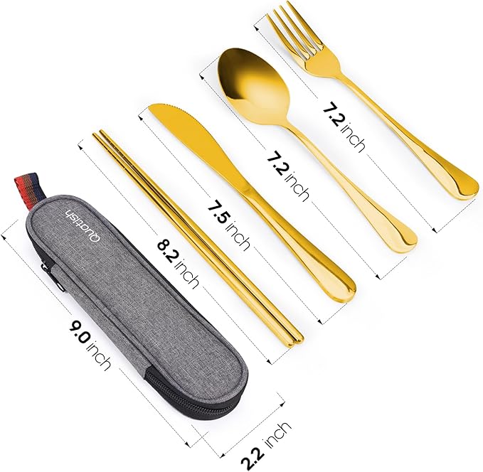 This 5-piece utensil set includes an adult-sized fork, spoon, knife, and chopsticks, all secured within a sleek carrying case measuring just 9.0x2.1 inches. The chopsticks feature reinforced laser etching for enhanced grip, making it easier to enjoy a variety of cuisines. Whether you're heading to the office, embarking on a camping trip, or enjoying a picnic outdoors, our set is perfectly sized to slip into your lunch bag or backpack. With our commitment to customer satisfaction, we are always ready to provide friendly service if you're not fully satisfied with your purchase.