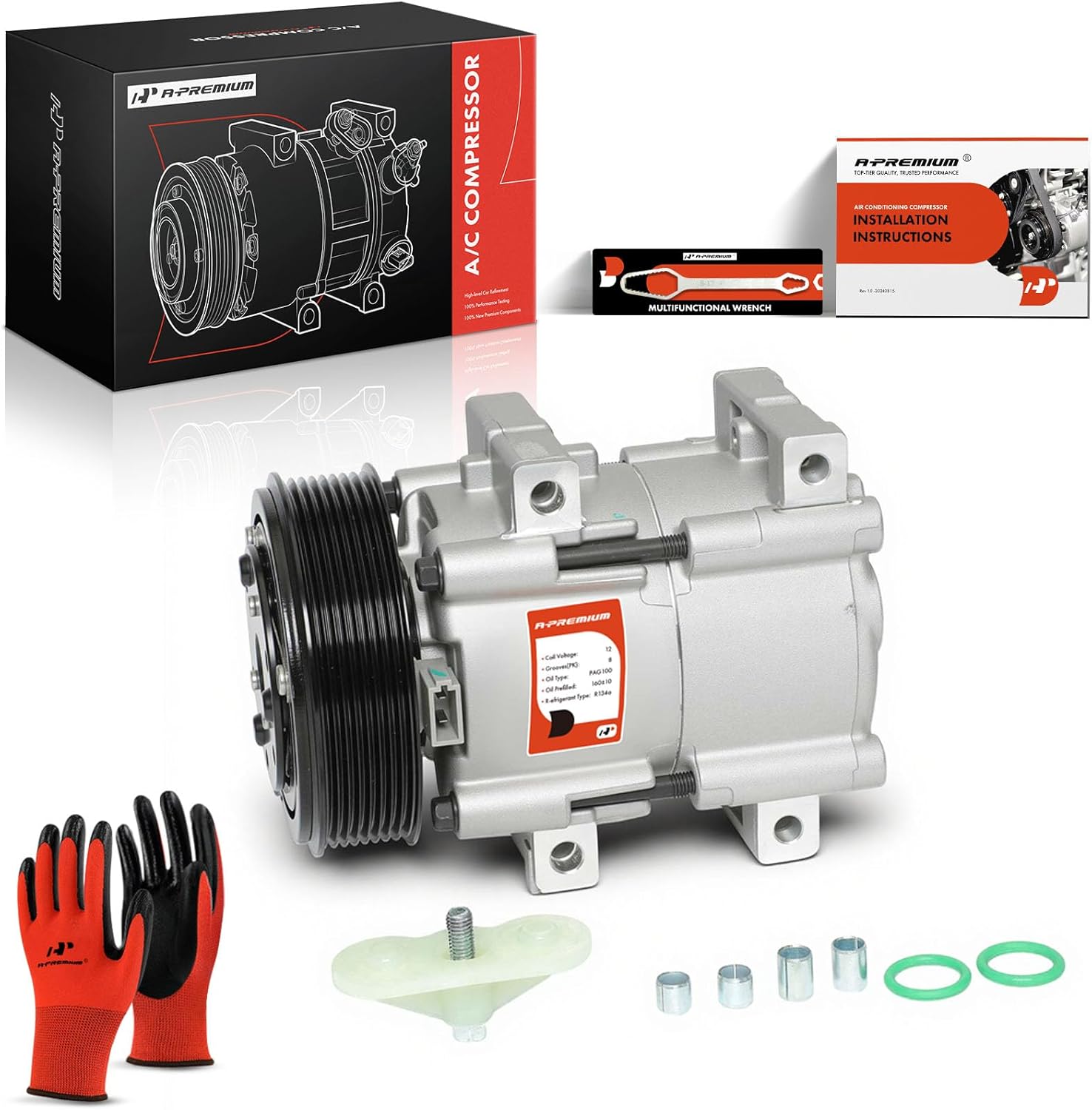 A-Premium Air Conditioner AC Compressor with Clutch Compatible with Ford F-250 1990-1996, F-350 1993-1997, F-Super Duty & More
