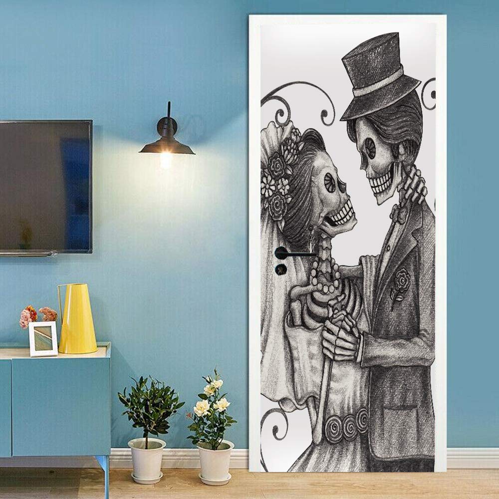 Sticker de porte trompe l'oeil couple squelette 88x200cm pour décoration intérieure
