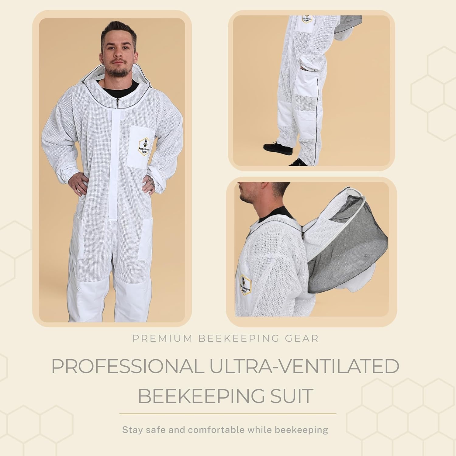 3-Layer Ventilated Bee Suit, Beekeeper Suit Kit with Detachable Round Veil and Bee Gloves (X-Large)