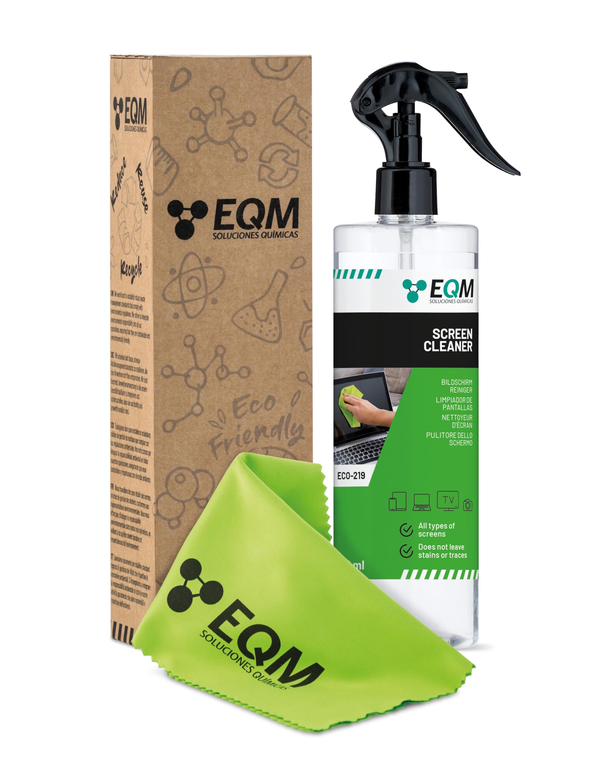 EQM - ECO-219 - Kit Nettoyant Écrans + Chiffon Microfibre - 500 ML - Format Premium - Compatible Tablette, Mobile, Ordinateur Portable, Appareil Photo, LED, OLED