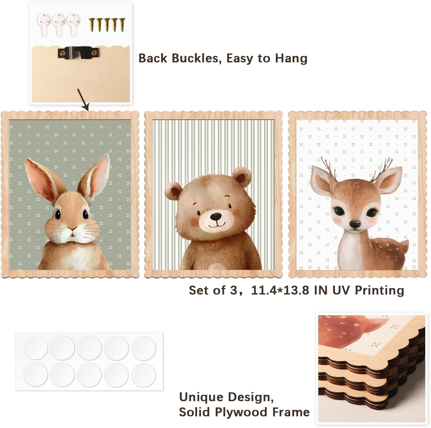 Woodland Nursery Wall Art Decor, Set of 3 Wood Framed Animal Wall Prints Artwork Cute Rabbit Deer Bear Wooden Wall Decoration for Baby Girl Boy Kids Nursery Toddler Room Bedroom Playroom