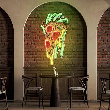 Skeleton Hand Holding Pizza Neon Sign 28 inches Business Welcome Large Led Neon Signs Wall Decor Light Up Signs for Restaurant Food Truck Home Game Room Man Cave
