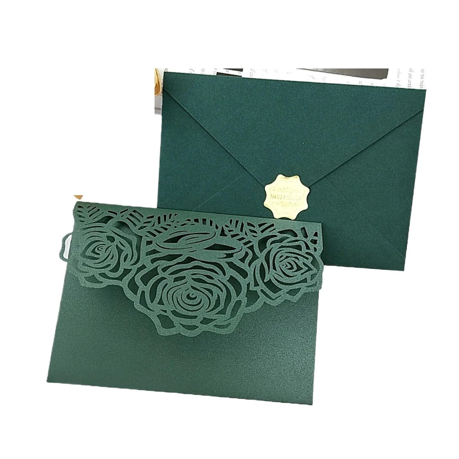 Hochzeitseinladungen Karte 10 Stück Waldgrüne Hochzeitseinladungen mit Laserschnitt, DIY-Kit, druckbare, dreifach gefaltete Geburtstags-/Partykarte mit Blumenmuster(Gold,Whole Set)