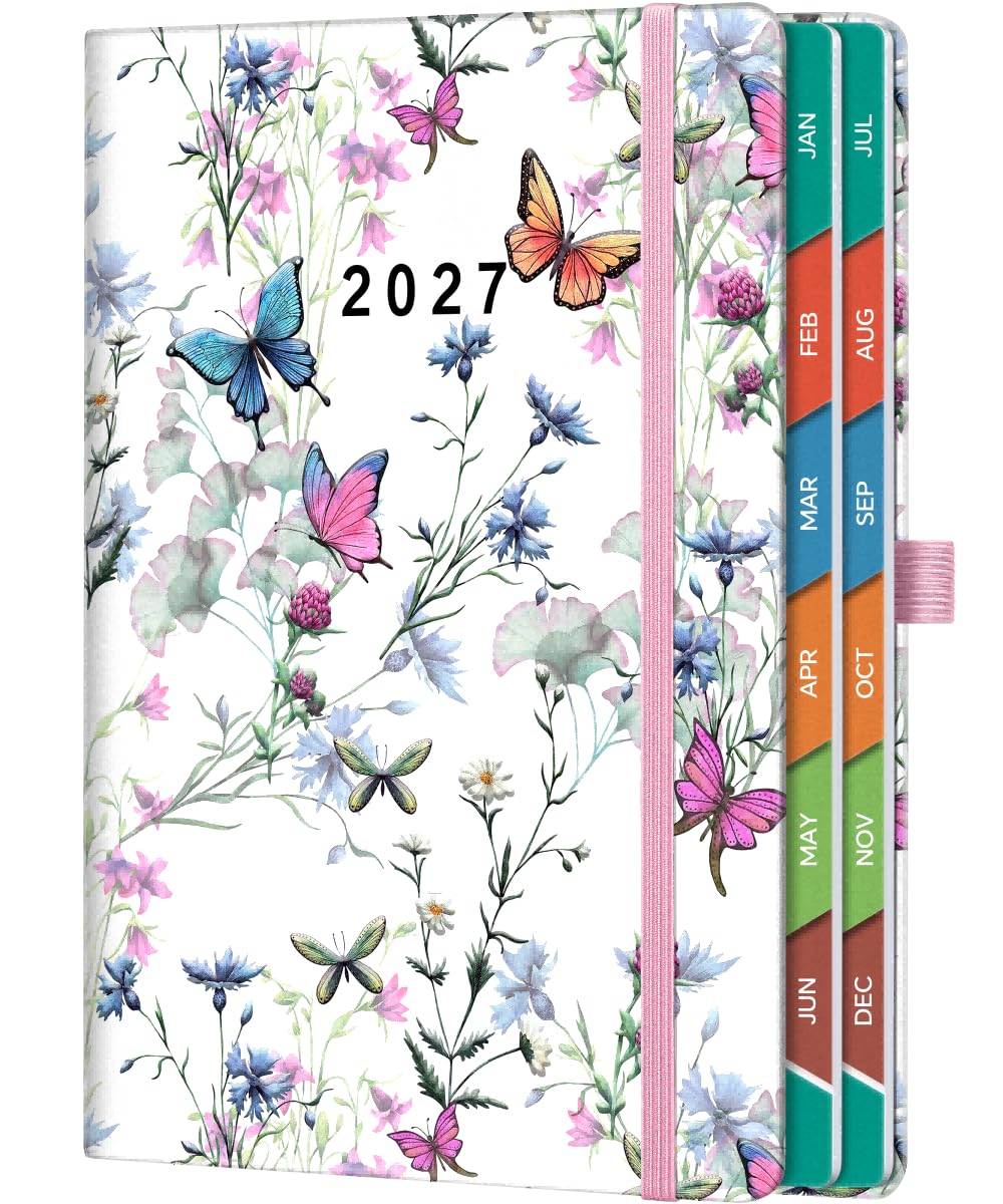 HwxBen 2027 Diary A4 Page-A-Day Floral – January–December 2027, One Page Per Day Diary, Monthly Overview, 100 GSM Paper, Hardcover with Pen Holder, 2 Ribbon Bookmarks & Inner Pocket