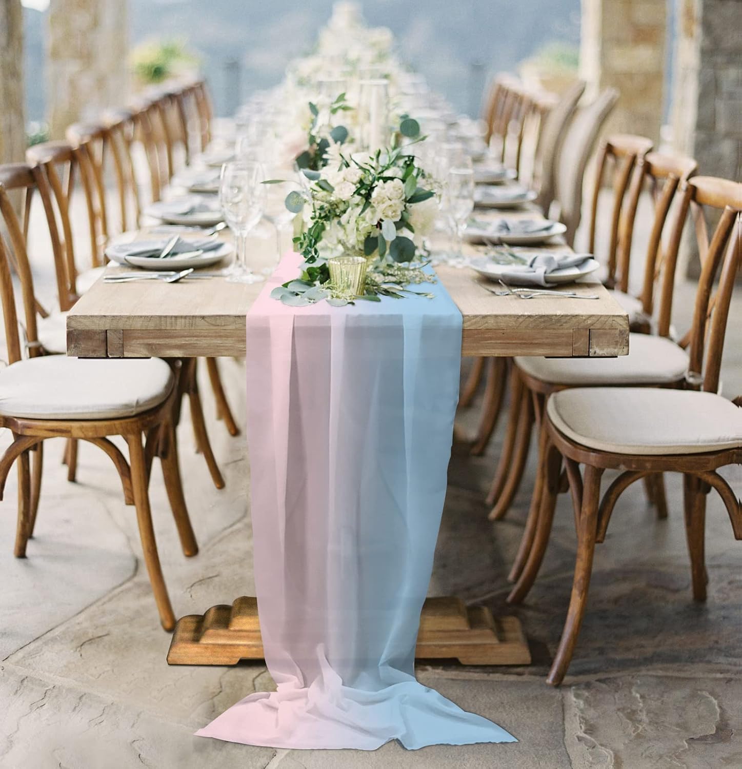 Chiffon Table Runner, Pink Blue Ombre 10Ft Sheer Wedding Gradient Color Modern Abstract Art Farmhouse Dress Scarves Gauze Runner Kitchen Island/Party Decor 27''x120''