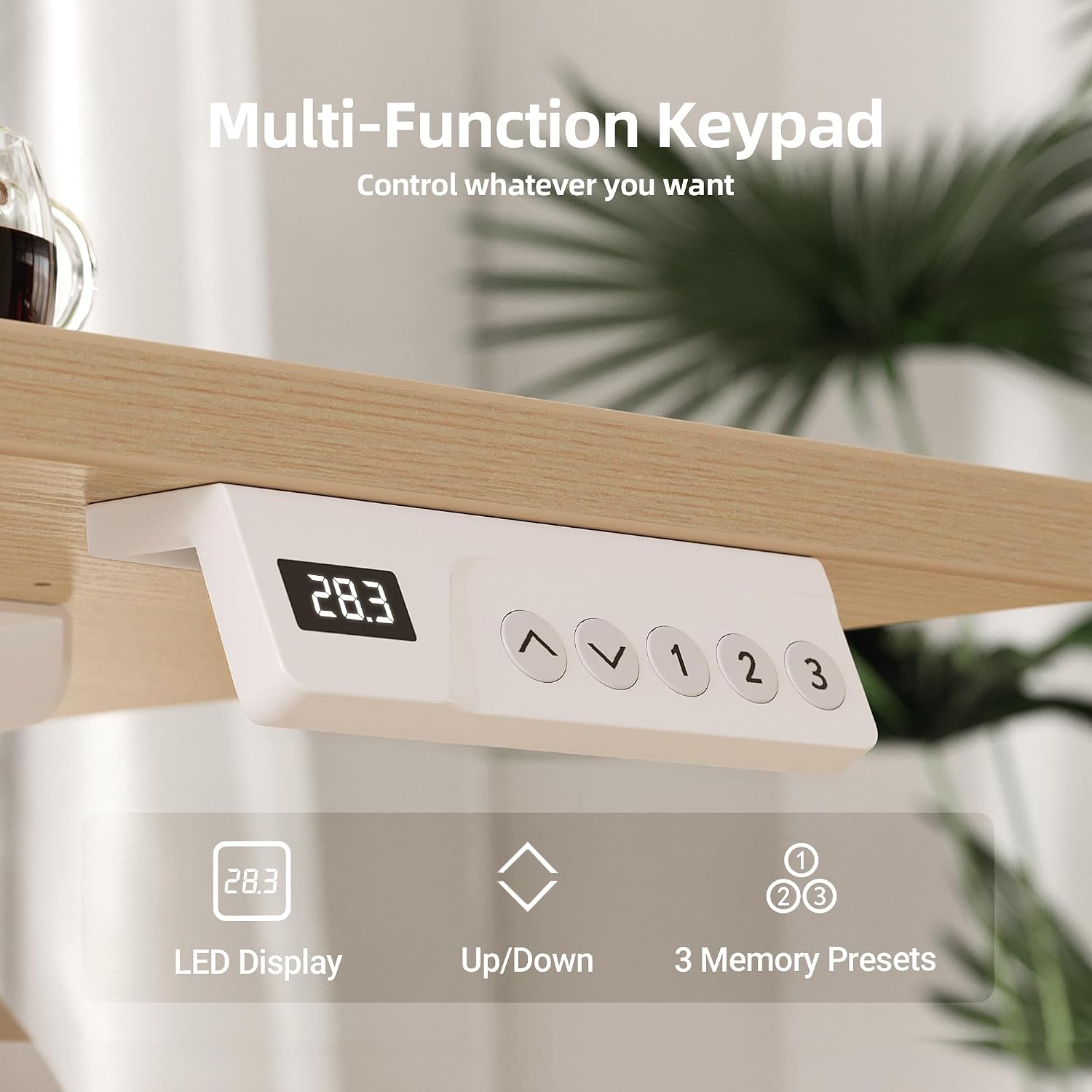 Close-up of the INNOVAR Electric Standing Desk's multi-function keypad with LED display and memory presets