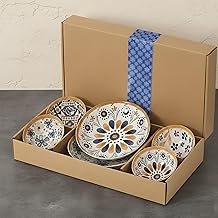 Ceramic Dinnerware Set, Japanese Asian Cuisine Bowls and Plates for Dinner, Rice, Soup, Dessert, Salad, Gift Box Packed Dinner Set (Blue and Yellow Floral, Pack of 6)