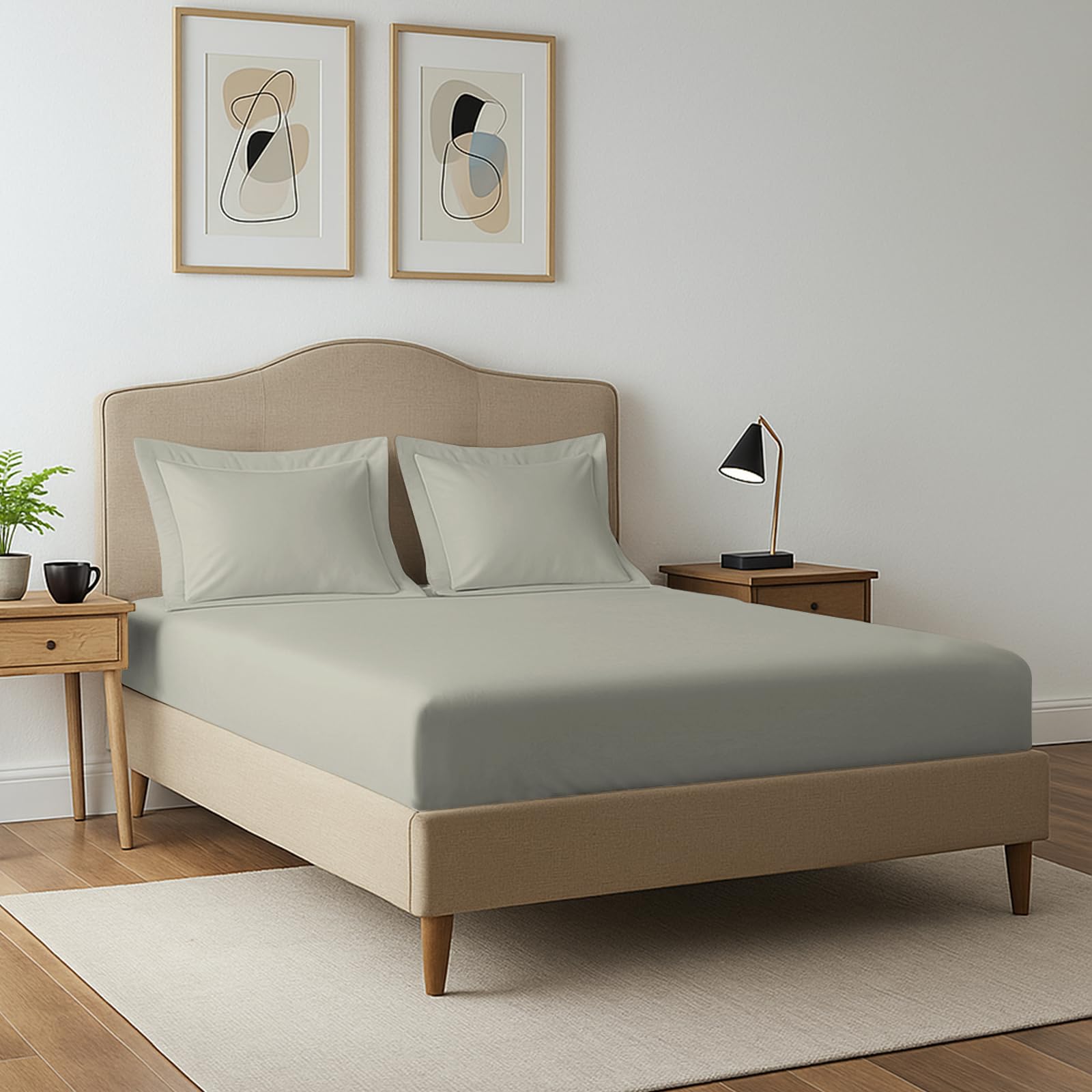 Pizuna 400 Thread Count Double Fitted Sheet 140x200 cm with 2 Pillowcases, Silver, 100% Long Staple Cotton, Soft Sateen Weave, 40 cm Deep Fitted Sheets Double Bed — image 1