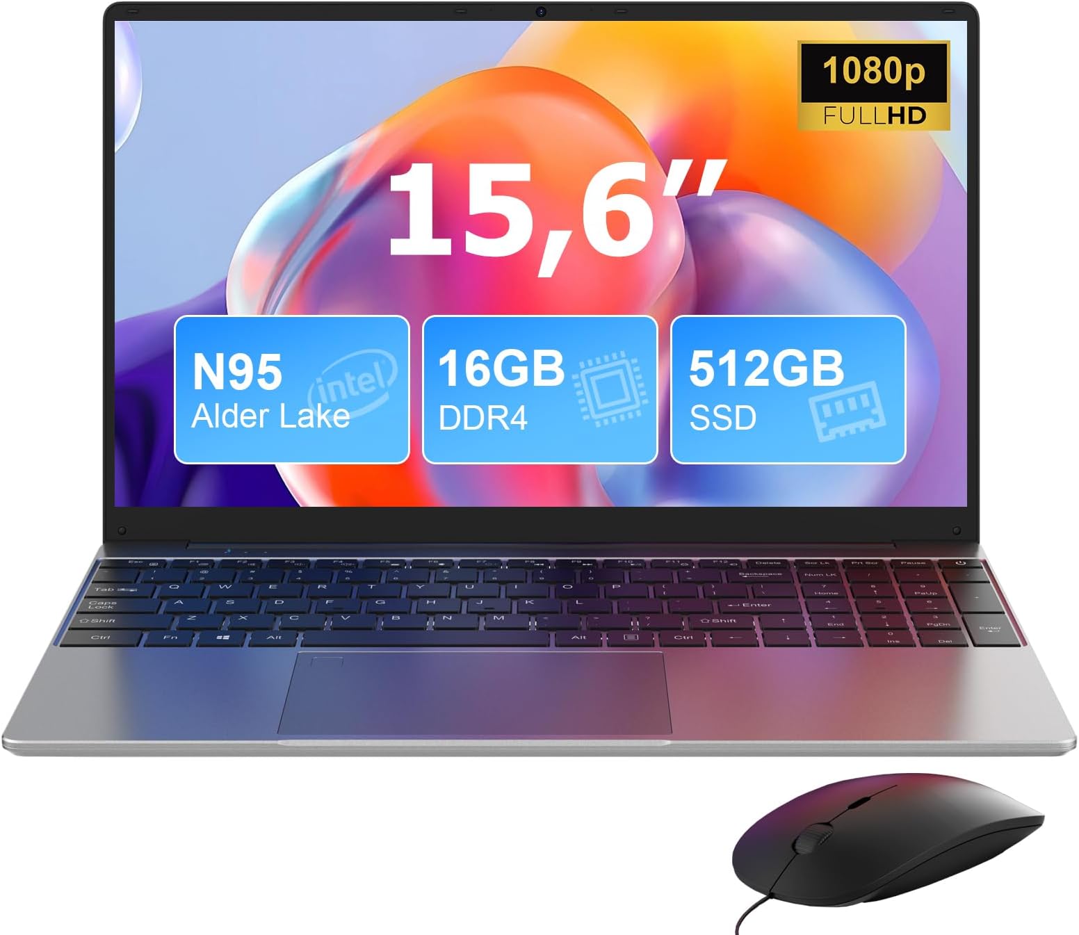 15.6 Inch Laptop, Quad-Core N95 Processor Up to 3.4GHz (Beat N5095), 16GB DDR4 512GB SSD Win 11 Notebook Computers, 1080P FHD Laptops Computer, WiFi 5G, Type-C, USB 3.0, with Keyboard Film UK/Mouse