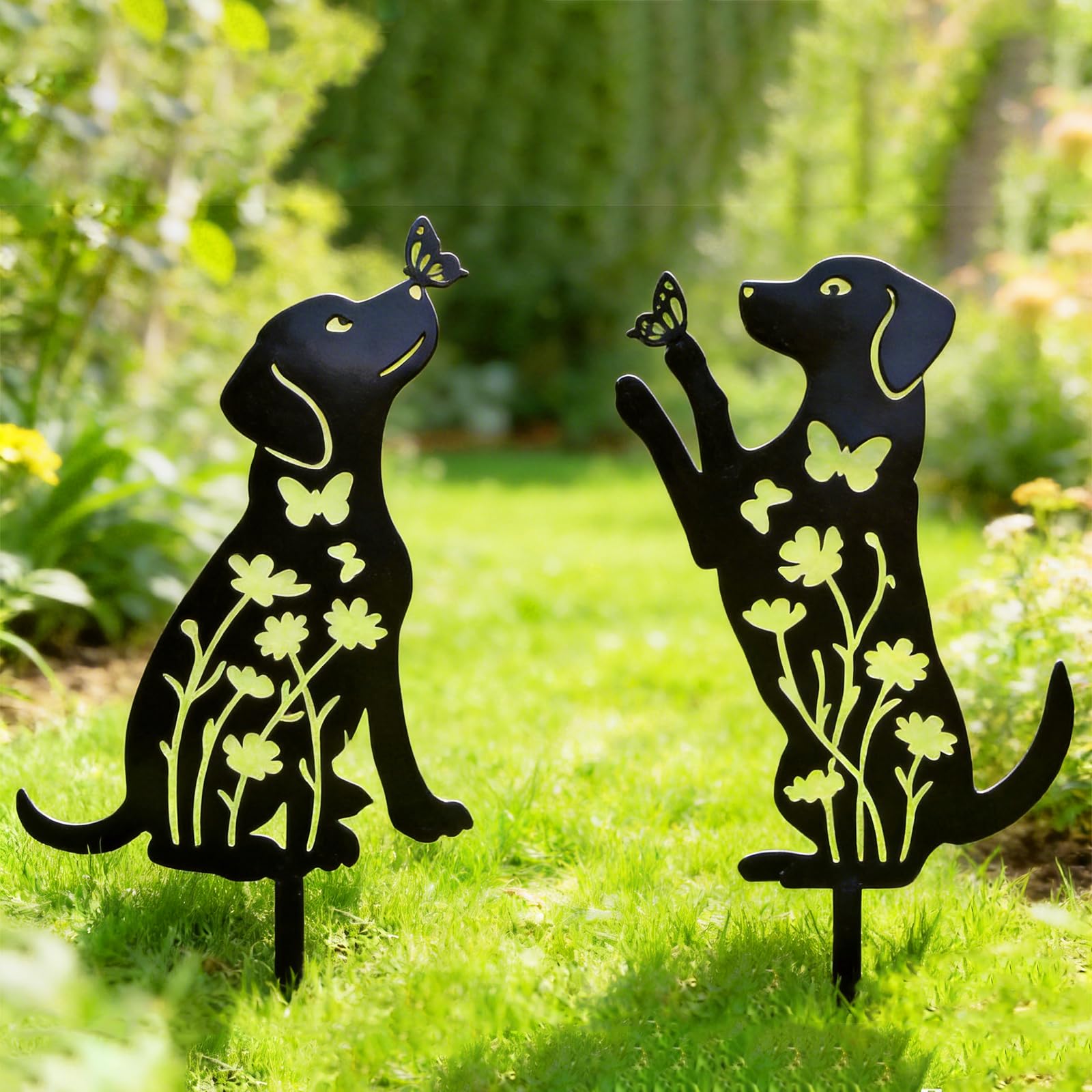 Zaewry 2Pcs Garden Stakes Decorative, Dog Metal Garden Ornaments Outdoor