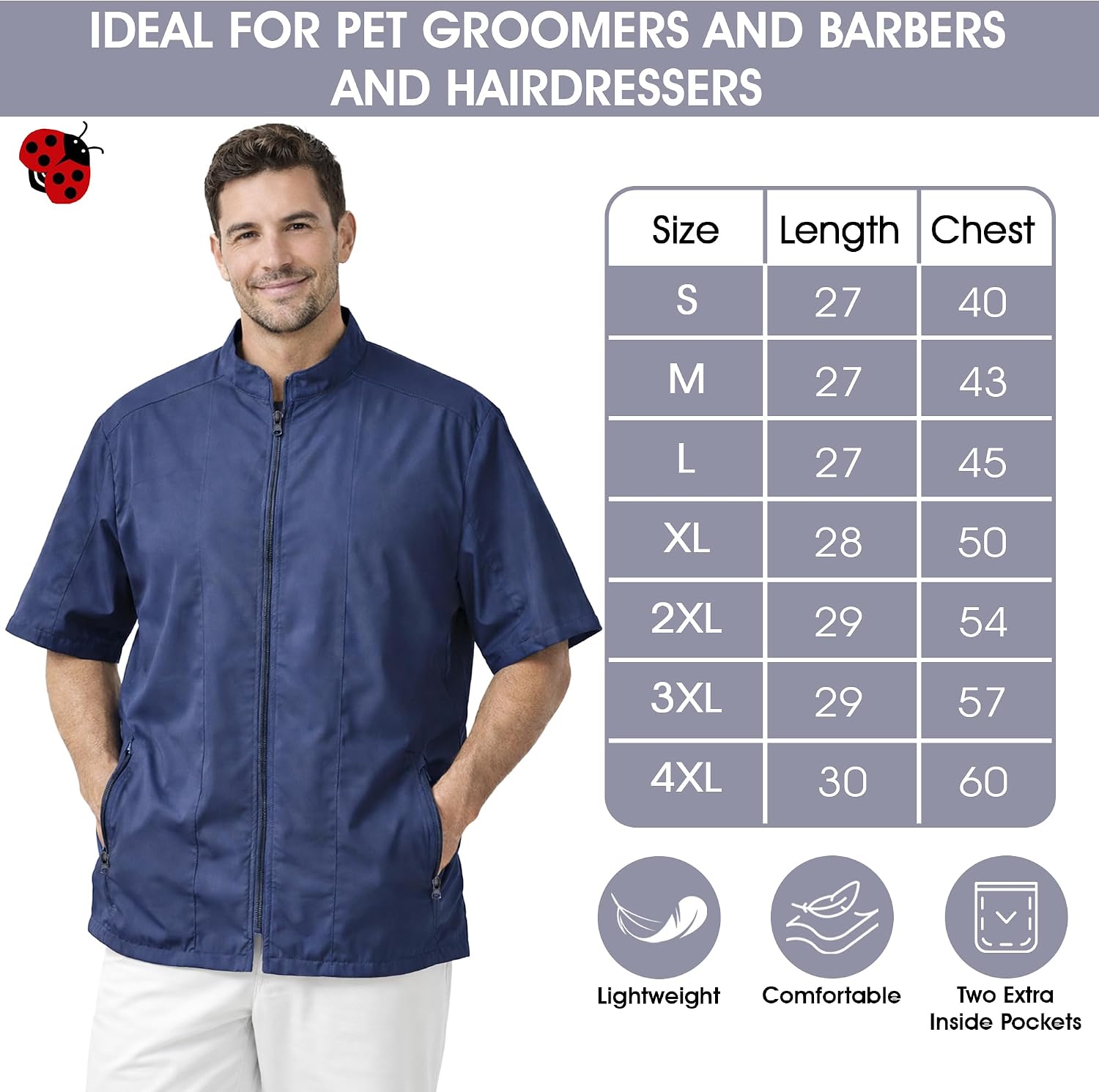 Ladybird Line 427 Unisex Navy Blue Water Resistant Grooming Jacket, Hair Bleach Resistant, 2 Front Pockets, Front Zipper