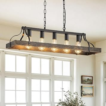 Geelife 34-Inch Black Gold Vintage Pendant Light with 5 E26 Bulb Sockets Antique Chandelier for Dining Room, Kitchen, or Living Room