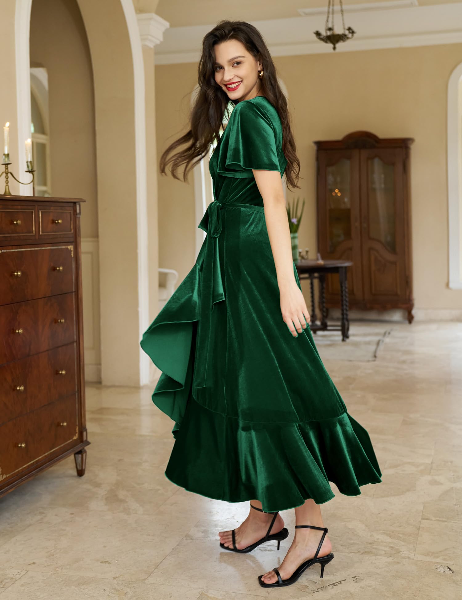 Olaesa Robe longue en velours pour femme avec col en V et poches pour invitées de mariage, automne, maternité