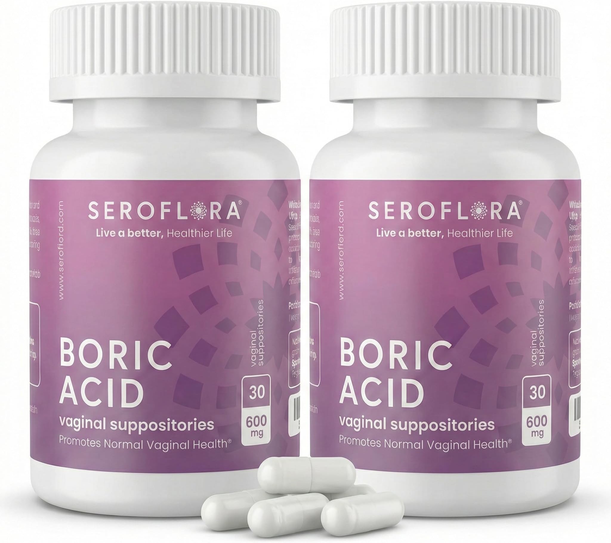 Seroflora Boric Acid Vaginal Suppositories 600mg – 60 Count (30ct, 2 Bottles) Odor Control, Feminine pH Balance & Daily Freshness – Clean Holistic Hygiene for Women – Made in USA