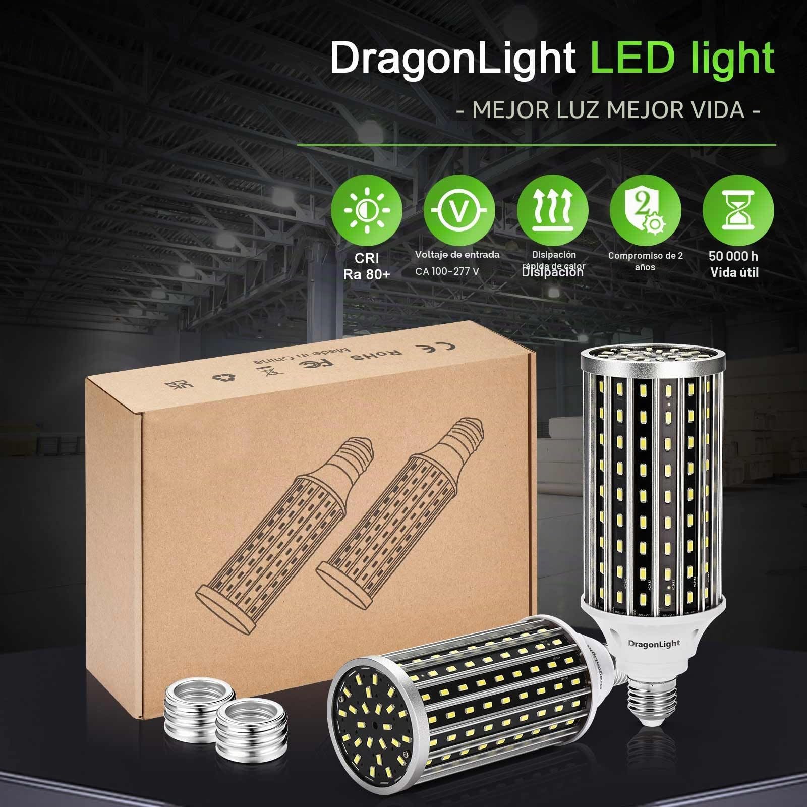 DragonLight Bombillas 50W LED superbrillantes de (equivalente a 350W) – E27/E40 Edison LED Bombilla–6000K blanco frío 5000 lúmenes para iluminación comercial–Garaje taller oficina patio (pack de 2)