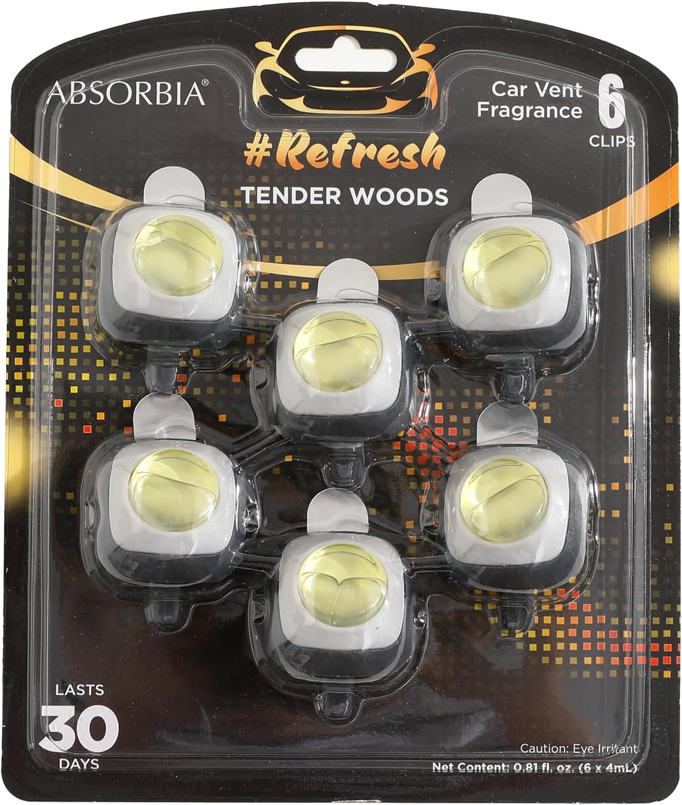 Car Vent Clip Air Freshener Set, 4ml Capacity Each, Tender Woods Scent, Pack of 6, blend of woody notes evoke a sense of warmth, comfort, and subtle sophistication