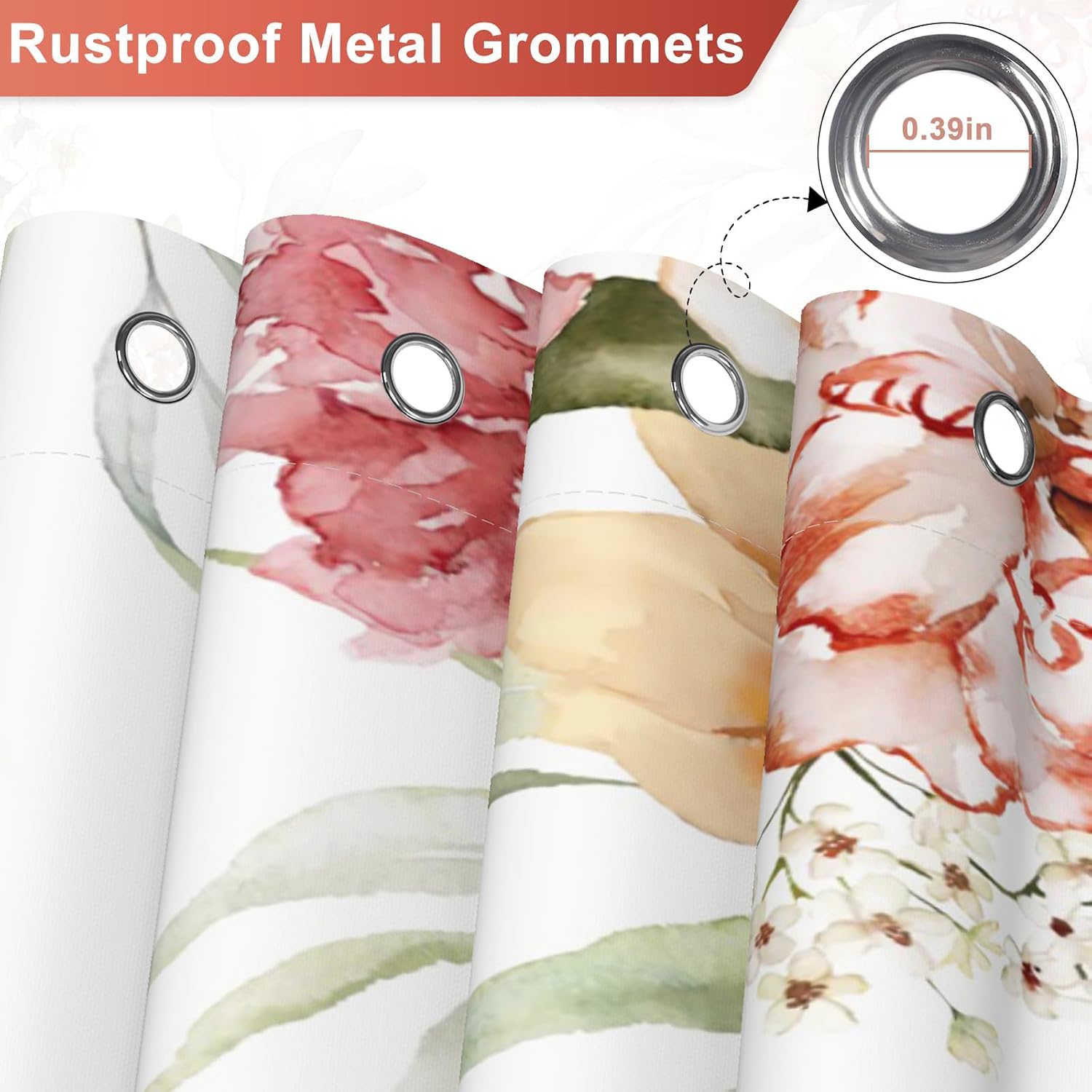 Watercolor Floral Shower Curtain with Hooks, Peony Carnation Elegant Shower Curtains for Bathroom, Weighted Hem & Waterproof, Machine Washable Flower Shower Curtain Set for Bathroom, 72"W x 72"L