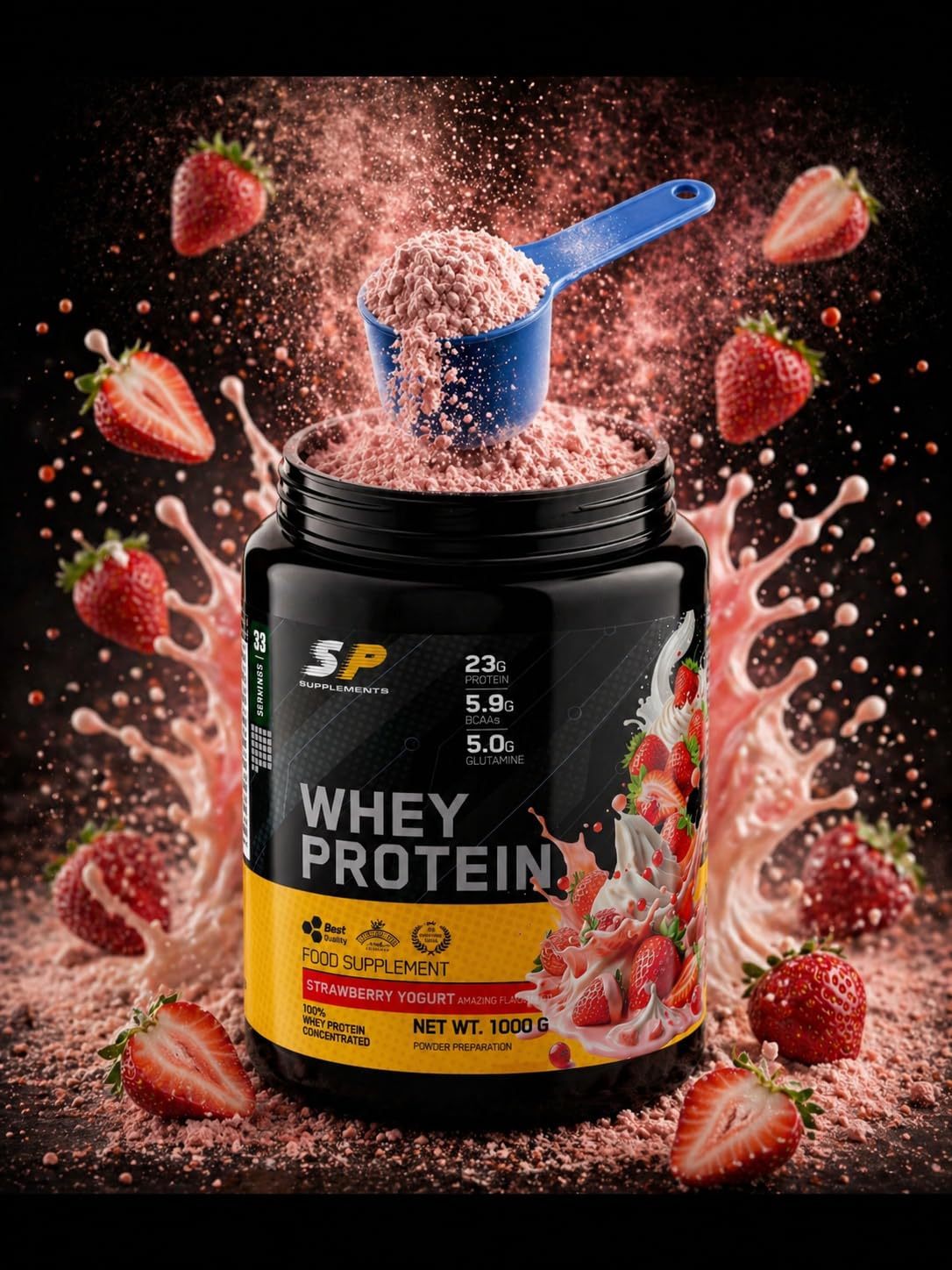 SP - Whey Protein - Concentrado de Proteína Whey de suero de leche en polvo - sin grumos - 1kg Sabor Cookies & Cream (Strawberry Yogurt)