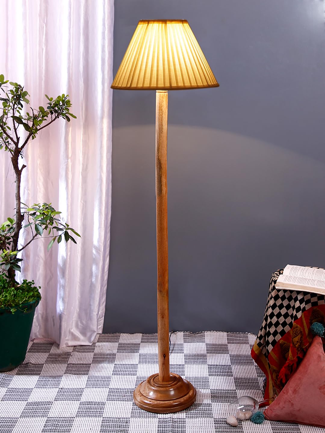 Devansh Off White Cotton Knife Pleated Cotton Shade Wood Floor lamp for Decoration/Office/Home/Gifting/Study-(12x12x56.7 inches)-image-11