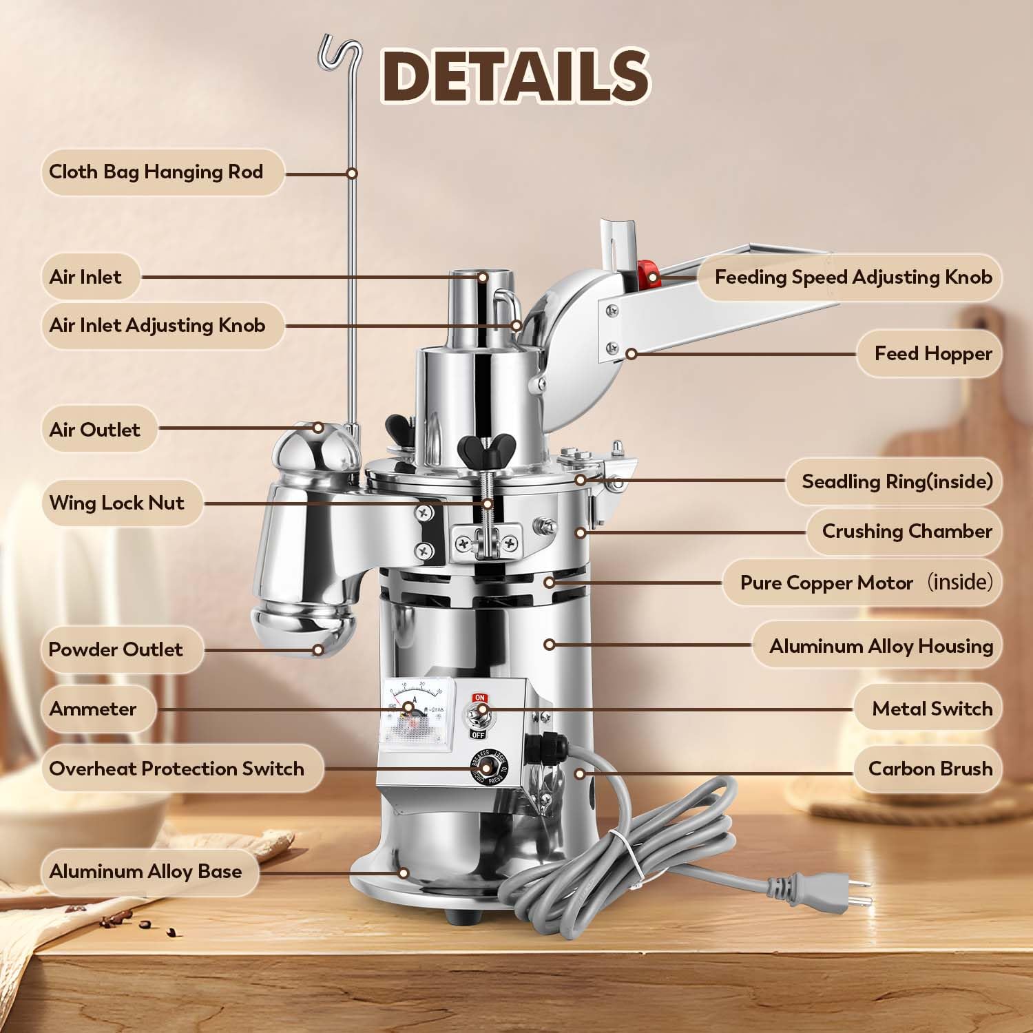 Hammer Mill Molinillo eléctrico de 1200 W, molinillo continuo de hierbas, capacidad de 6.6 a 33 libras/H, con 6 mallas de tamiz, máquina de molienda comercial para granos de hierbas secas, 5