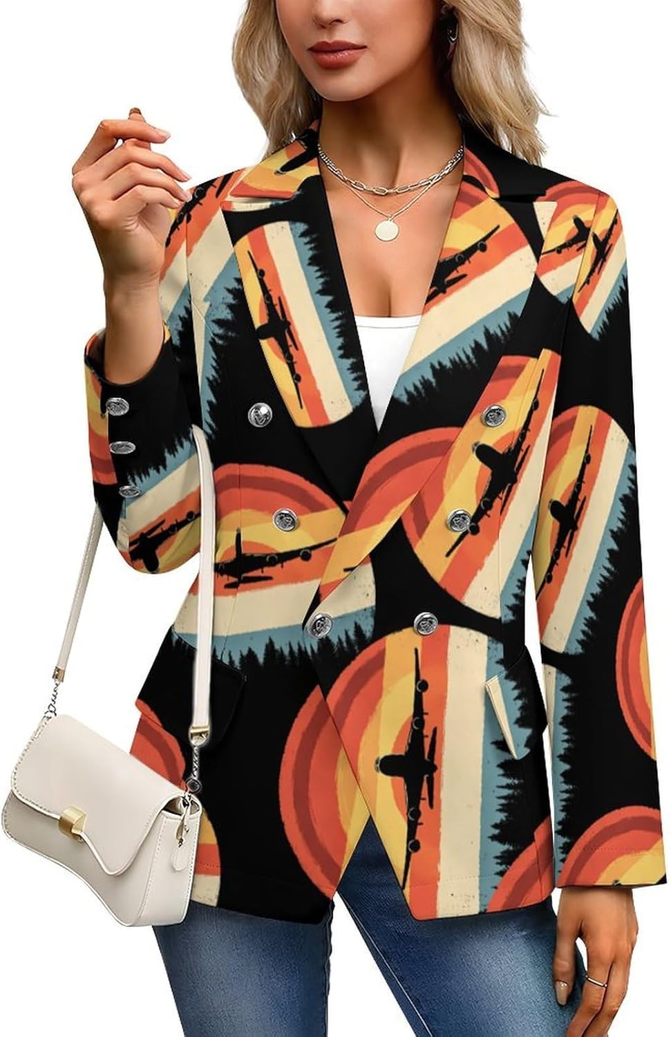 Vintage Airplane Women's Blazer Long Sleeve Suits Business Casual Blazers Jackets Lapel Open Front Suit