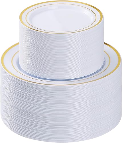 200 platos de plástico dorados, platos desechables para fiestas con 100 platos llanos y 100 platos de postre, platos de plástico para fiestas, bodas