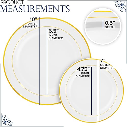 Miniatura 3 de Juego de platos desechables para cena y postre (200 piezas) de 10 + 7 pulgadas, platos de plástico blanco y dorado para fiestas, 100 invitados,