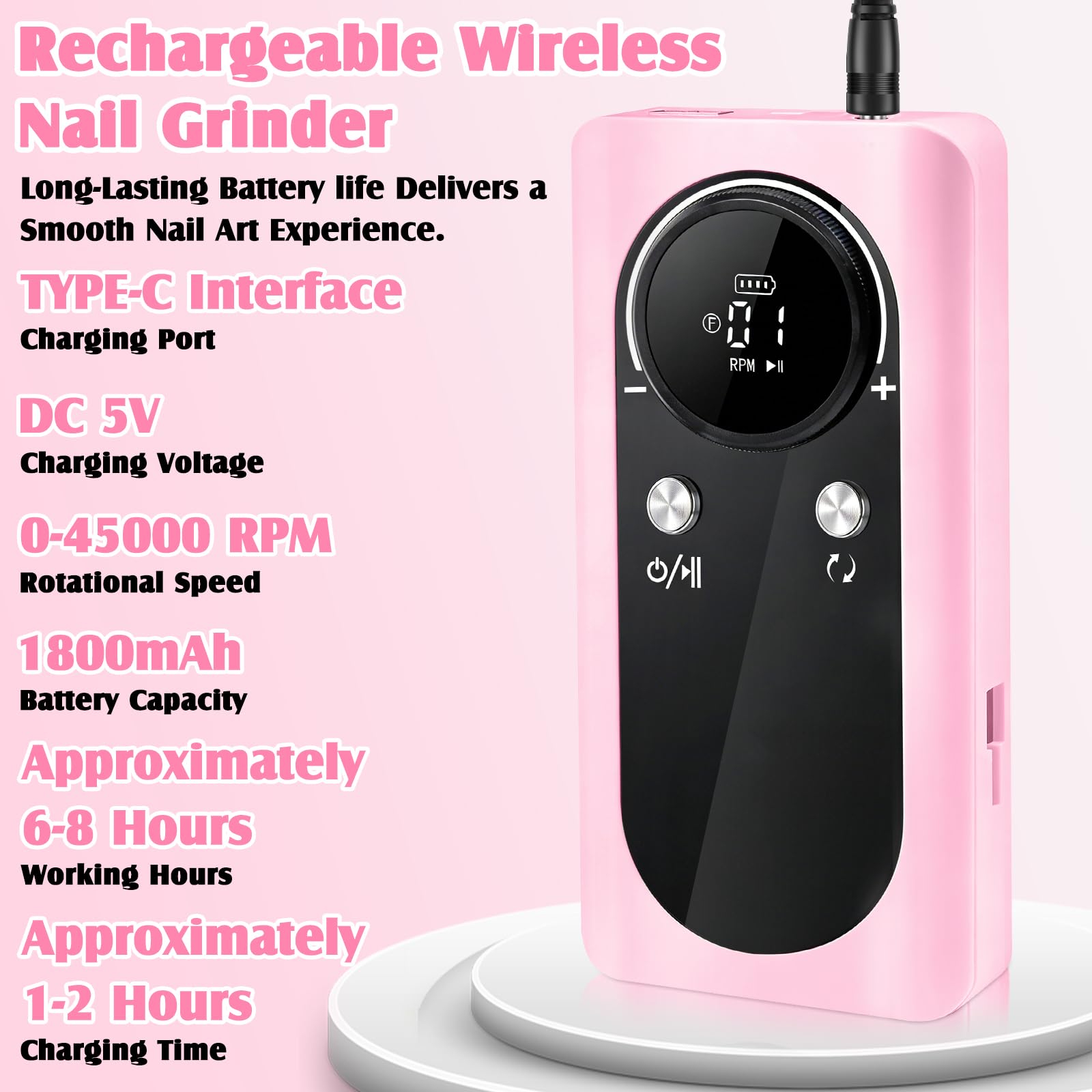 Ponceuse Pour Ongles Professionnel-45000 Rpm, 12 En 1 Ponceuse Ongle,Rechargeable,Lime a Ongle Electrique Portable,Avec Lcd écran Et Vitesse Réglable,Pour Gel Et Ongles En Acrylique,Salon