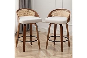 Linen Upholstered Rattan Counter Height Swivel Stools with Walnut Wood Finish