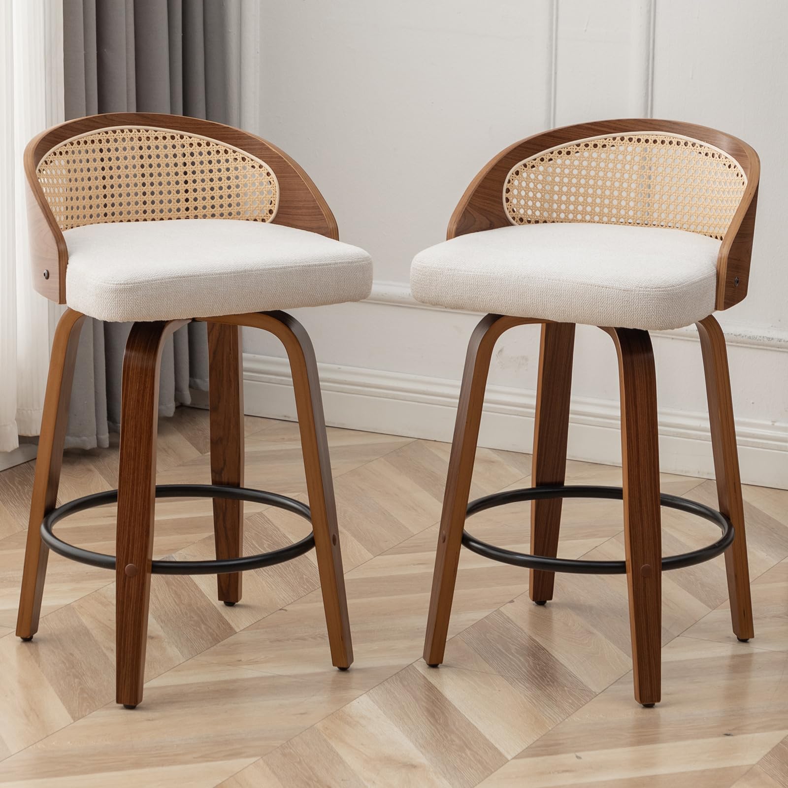 YOUUGIOR 26" Swivel Rattan Bar Stools Set of 2,Mid-Century Modern Beige Linen Fabric Upholstered Counter Height Stools,Kitchen Island Barstools with