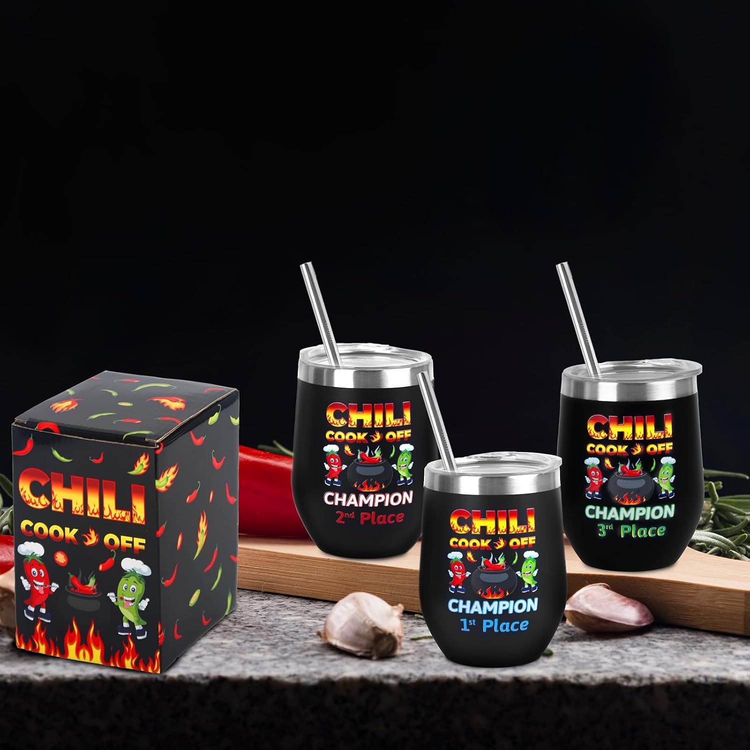 3 Pcs Chili Cook Off Prizes Trophies Cups 1st 2nd 3rd Place Chili Cups Awards 12 oz Stainless Steel Insulated Tumbler with Lids Straws Brush Chili Boxes Chili Cook Off Decorations Supplies - Image 7