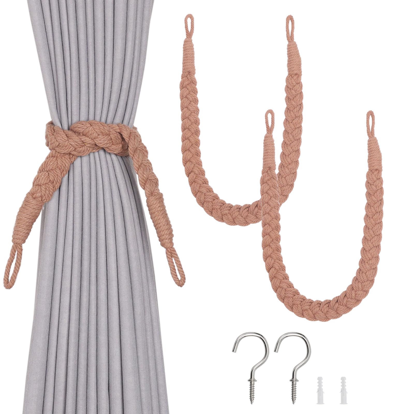 Pretty Jolly 2 Pack Natural Cotton Rope Curtain Tiebacks Elegant Boho Style Decorative Drape Tie Backs Soft Hand-Woven Rope Curtain Holdbacks with Metal Hook for Home & Office Drapery (Reddish Brown)