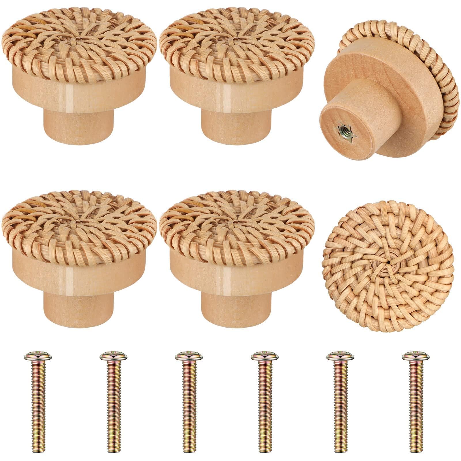 X spring Wooden Drawer Knobs, 6PCS Round Rattan Dresser Knobs with Handmade Wicker Woven and Screws, Cabinet Pulls and Knobs for Boho Furniture Knobs Cabinets Dresser Handles Hardware (35x30mm)