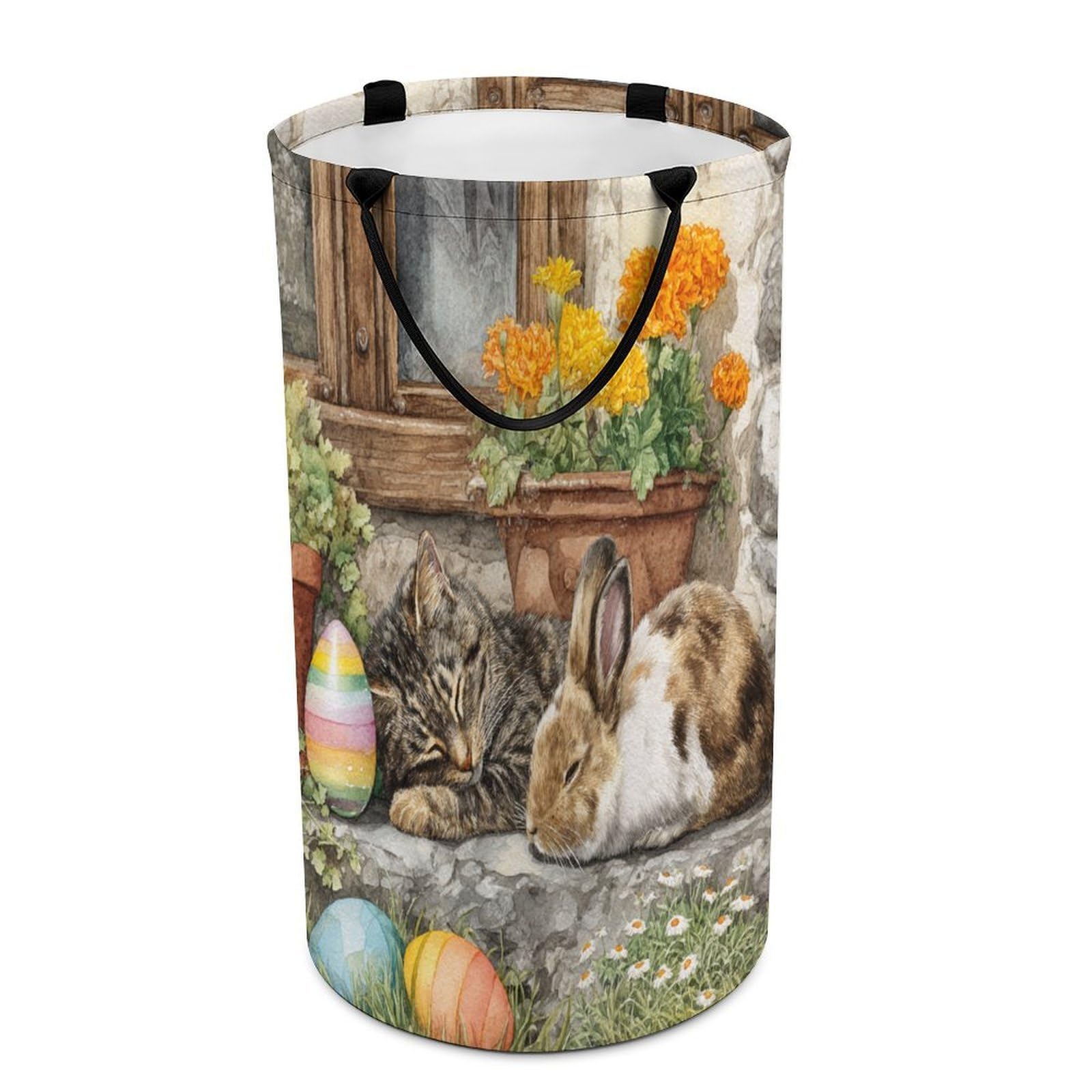 LUYYSKY Rustic Aesthetic Kitten Bunny Collapsible Dirty Clothes Basket, Classic Colorful Easter Eggs Flowers Animal Rabbit Cat Portable Clothes Storage Laundry Basket-40 CM Dia, 69 CM High