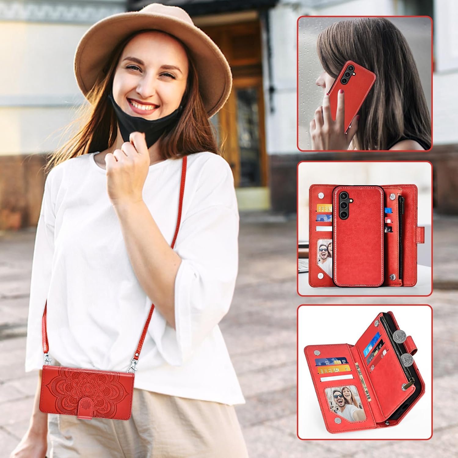 Asuwish Phone Case for Samsung Galaxy S24 5G Zipper Wallet Magnetic Detachable Cell Cover with Tempered Glass Screen Protector Crossbody Lanyard Strap Flower Card Holder S 24 24S G5 SM-S921U Women Red