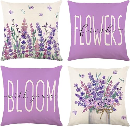 Ficakst Juego de 4 fundas de almohada de 18 x 18 pulgadas con flores florales de lavanda morada, almohadas decorativas para primavera y verano,