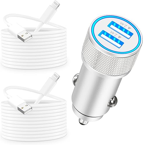 iPhone Car Charger Fast Charging, Apple MFi Certified 4.8A Dual USB All Metal Rapid Power Car Charger with 2 Pack Lightning Cord Quick Car Charging