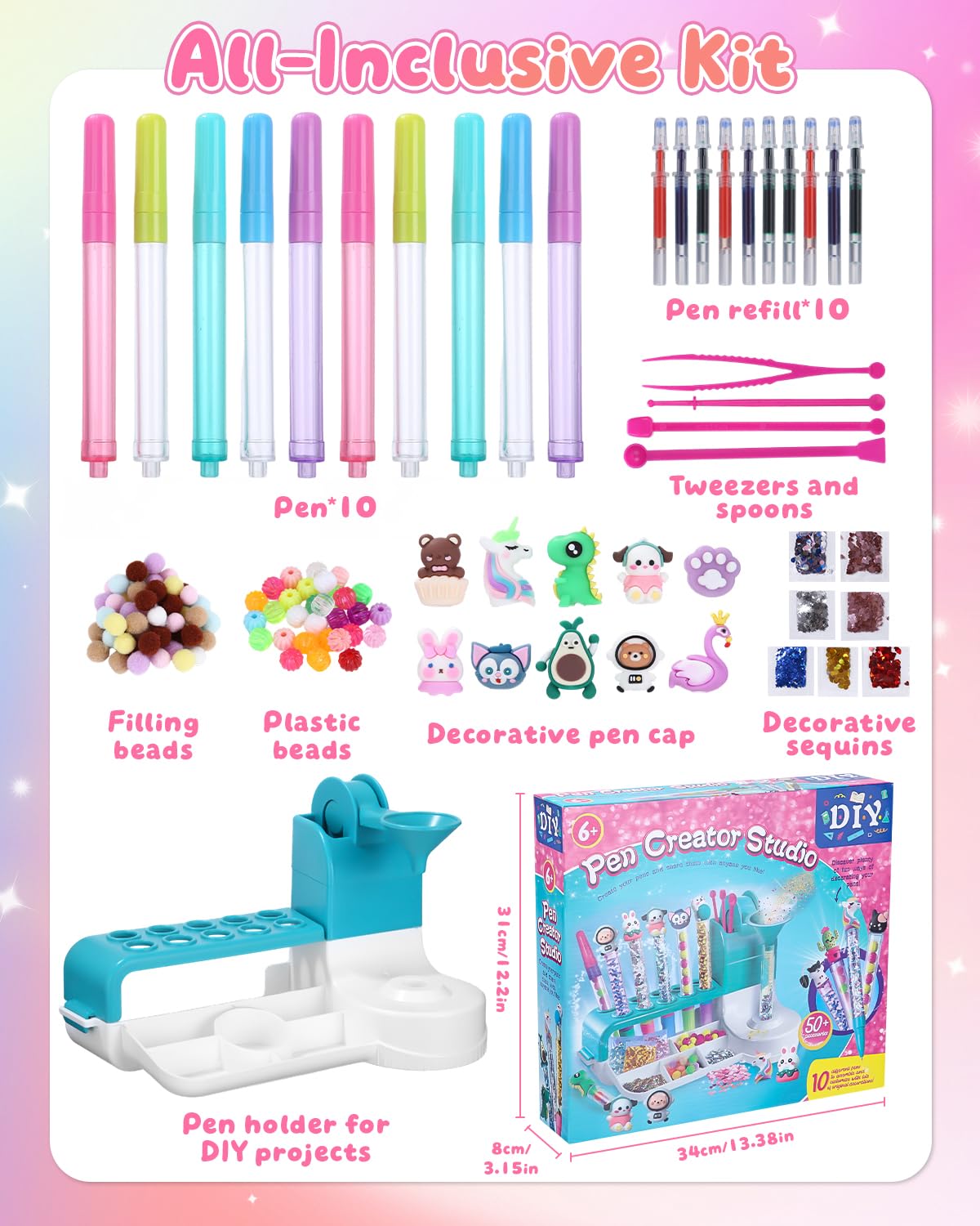 Stifte Selber Machen Set Kinder ab 6 Jahre - Mein Stift Atelier mit 50+ Zubehör für 10 Personalisierte Stifte (Glitzer, Federn, Figuren)， Kreativset als Geschenk zum Kindergeburtstag und Einschulung