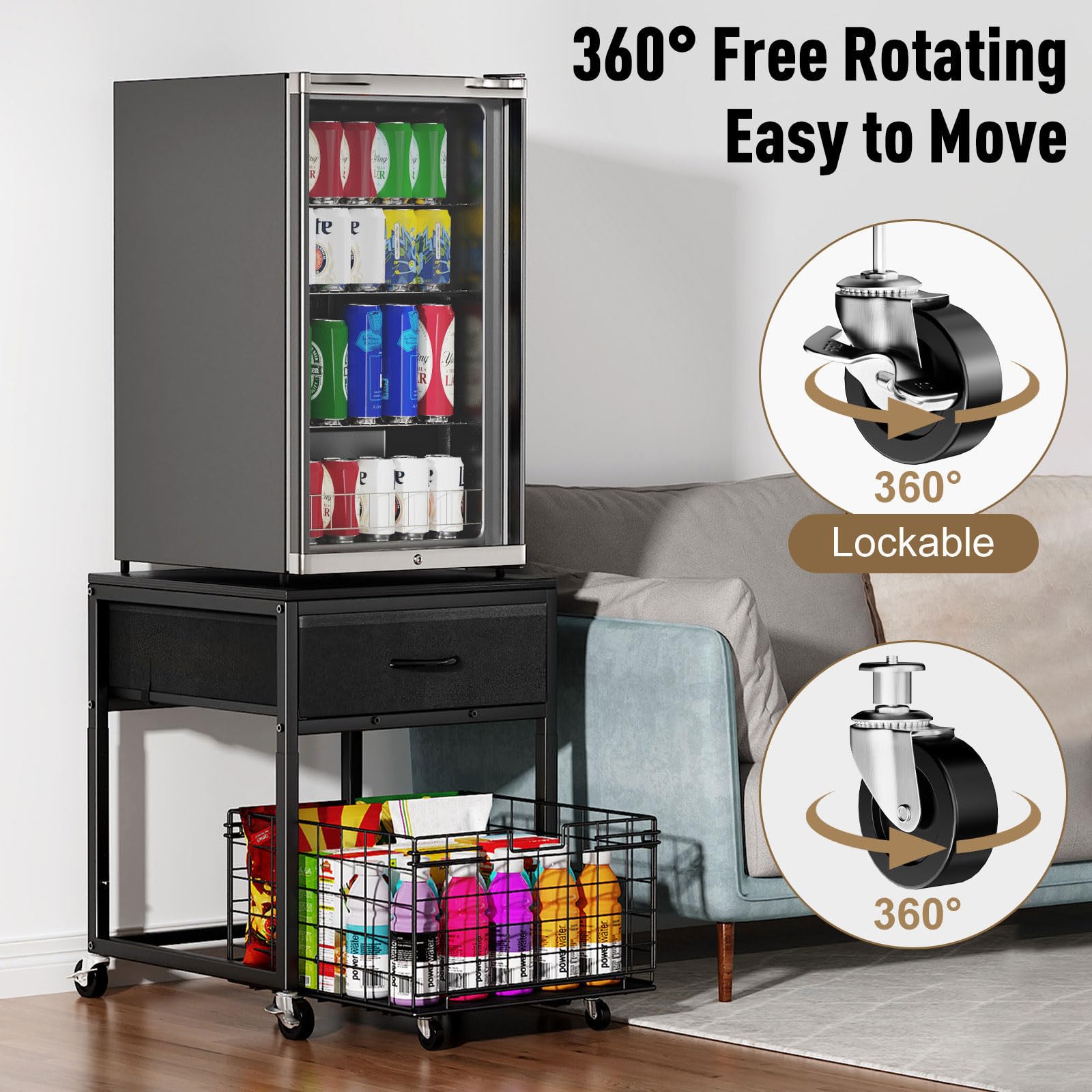 Housolution Soporte para Mini Nevera con Almacenamiento, Estante para Mini Nevera Regulable en Altura con Ruedas, Organizador Portátil para Nevera con Cajón para Hogar, Oficina, Negro