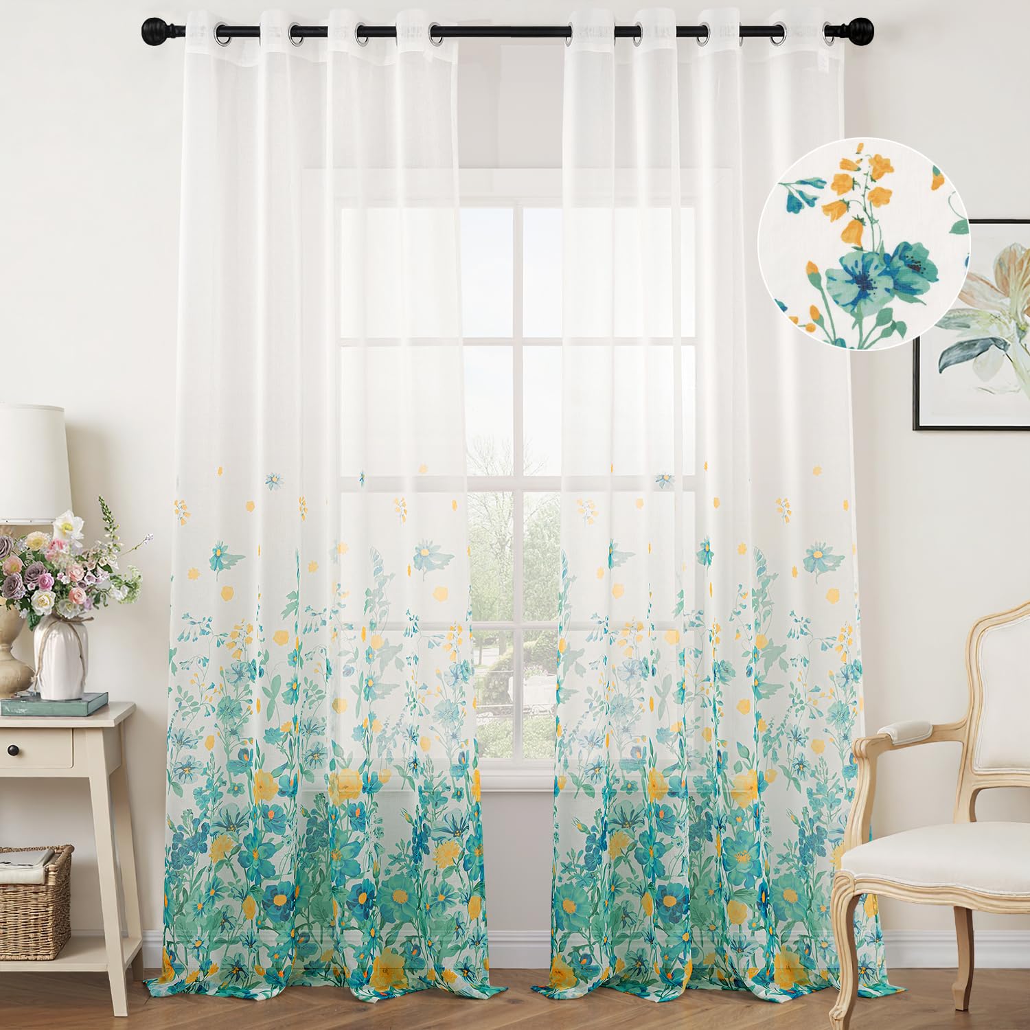 Woaboy Cortina Dormitorio Lago Azul Visillo con Estampadas Flores Ventana Decorativo Tansparente Moderno para Salón Habitación 2 Piezas 140x245cm