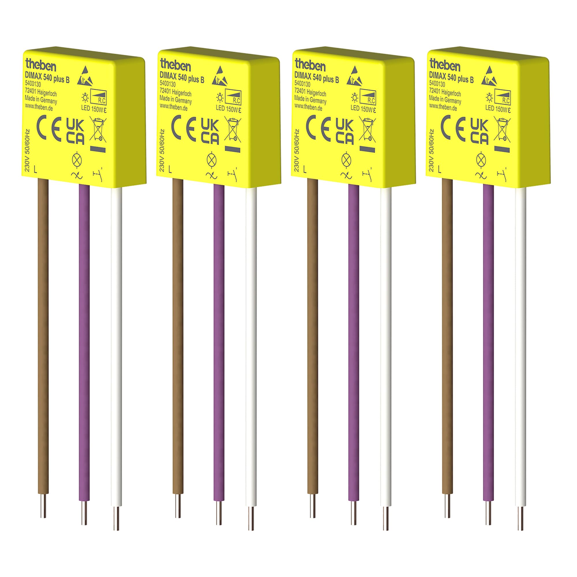 Theben Multipack 5400130 DIMAX 540 plus B, 4 Stück Mini Unterputz-Dimmer | 4er Set ultrakompakter UP-Dimmer (25,5 x 26,4 x 10,4 mm) für R/C-Lasten, benötigt keinen Neutralleiter, 100 m Kabellänge