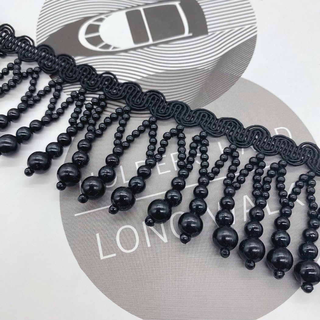 3 Yards Black Pearl Bead Tassel Lace Ribbon Applique Pearl Fringe Tassle Beaded Lace Ribbon Sewing Clothing Edge Curtain for Sewing, Wedding, Bridal Dress, Sash, Belt (Black)