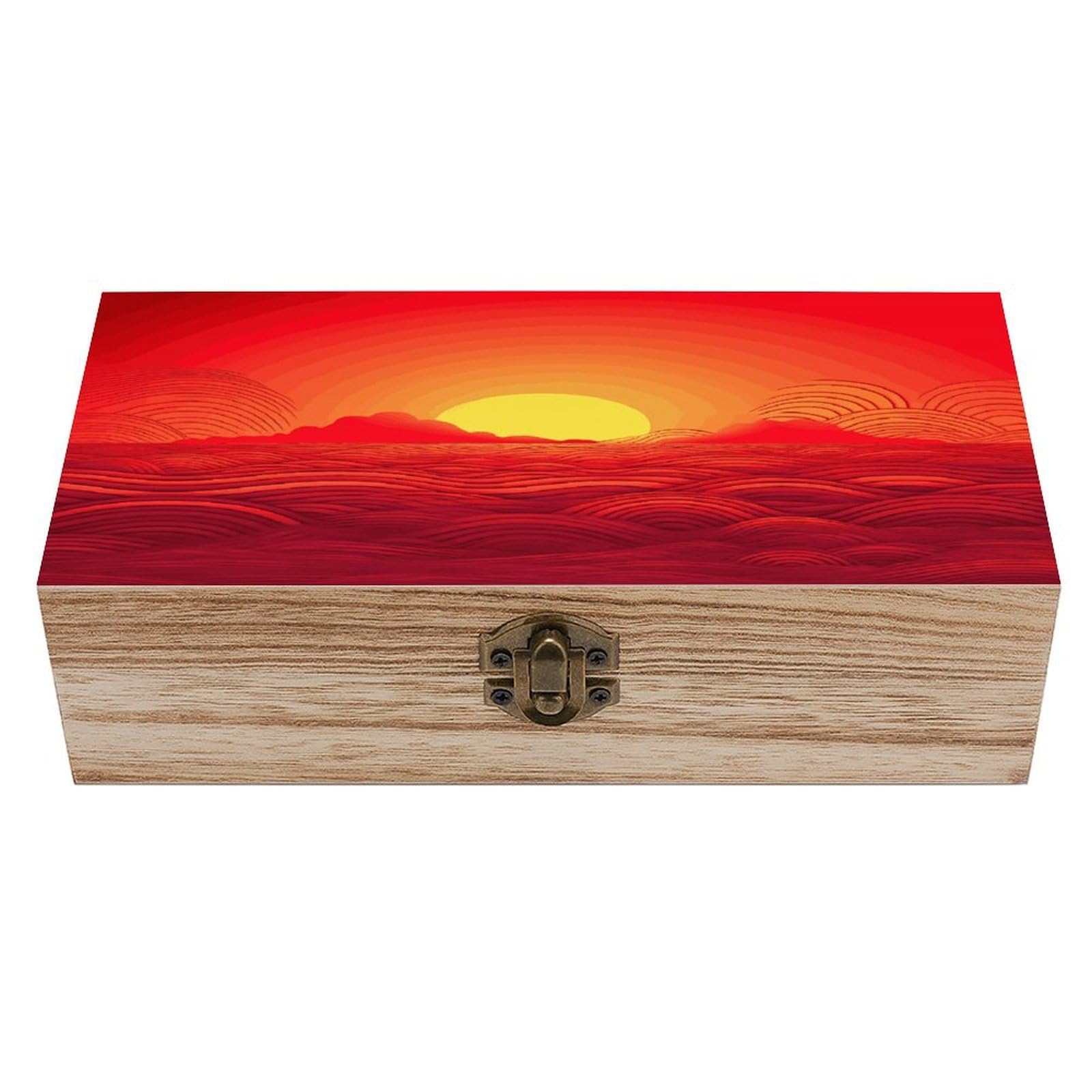 JTREHY Red Sunrise Wooden Keepsake Box Vintage-Style Wood Keepsake Case with Hinged Lid Solid Wood Boxes Beautifully Memory Treasure Case Vintage-Style Wooden Storage Box