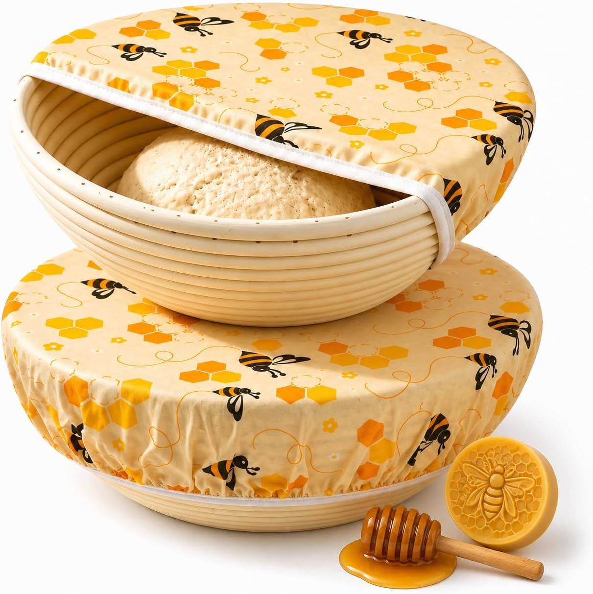 2 PCS Beeswax Bowl Covers for Bread Proofing, Reusable Sourdough Bowl Cover Beeswax Bowl Covers Large Elastic Cloth Banneton Covers(BEES, 10 INCH)