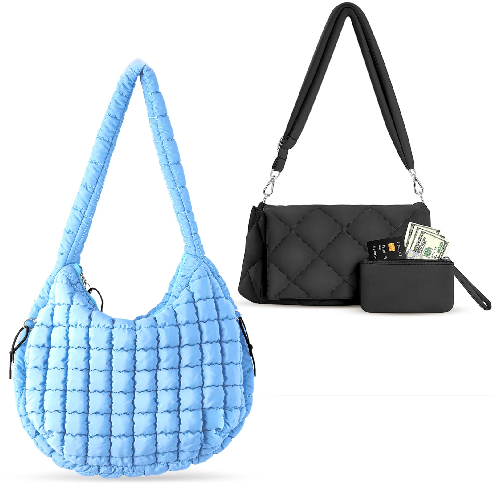 BabysunBlue Puffer Tote Bag + Black Puffer Shoulder Bag