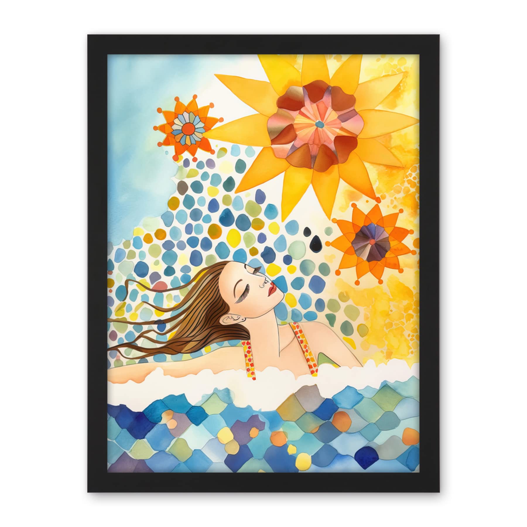 Artery8 Abstract Sea Swimming Folk Art Bathroom Artwork Framed Wall Art Print 18X24 Inch