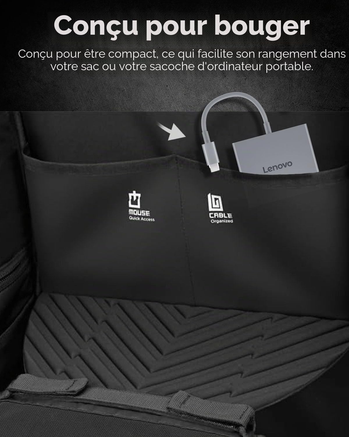 Lenovo Lenovo Hub de Voyage USB-C 4 en 1 avec câble intégré, 1 HDMI 4K @ 60 Hz, 2 Ports USB-A 3.2, 1 Combo de 3,5 mm, Portable, Compact, Haute Vitesse pour Ordinateurs Portables PC - Gris