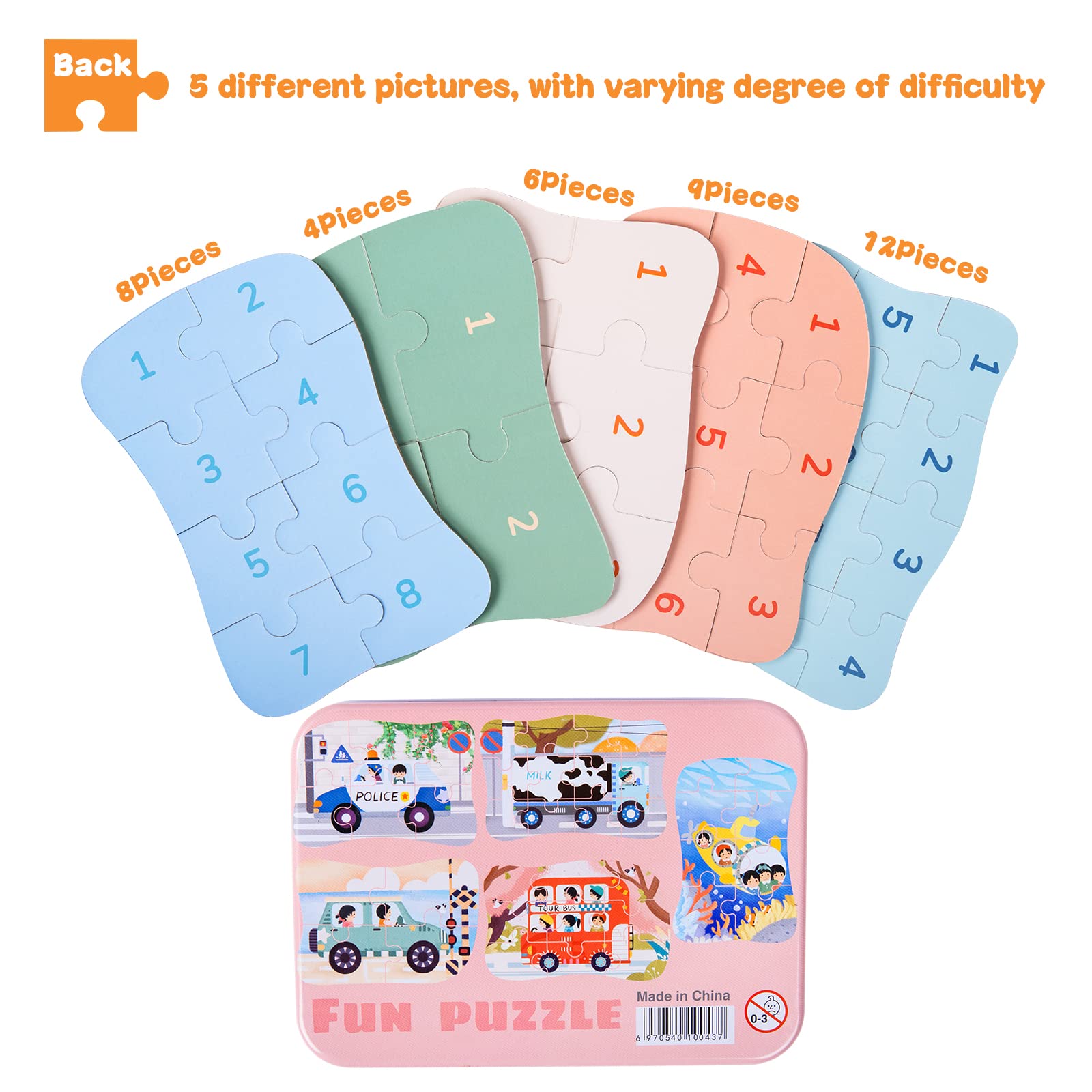 BBLIKE - Puzzle per bambini, puzzle con motivo automobili, 5 puzzle con immagini, adatto per bambini e bambine a partire dai 3, 4, 5 anni